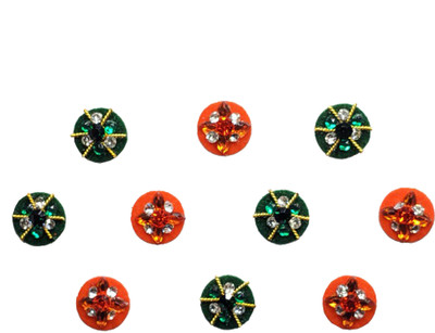 Comet Busters Round Orange and Green Bindi With Stone Crystals (9mm) (BIN368) Forehead Multicolor Bindis(With Work)