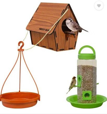 Zashvi Wooden Bird Nest Bird Seed Container And Water Feeder For Sparrow, Hummingbird Window Bird Feeder Bird Feeder(Orange, Green, Brown)