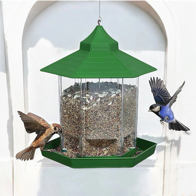 Garden's Need Hut Shape Bird Feeder with 360° Perch, Transparent Grain Holder, 1-Mtr SS Wire Common Bird Feeder(Green)
