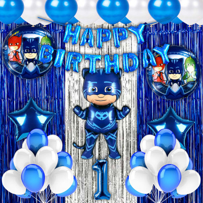 Crazykart PJ Mask Theme First 1st Happy Birthday Decoration Kit Combo For Boy Party Items(Set of 40)