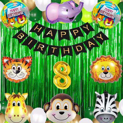 Prihit FK_N-No 8 Gold Balloons with Jungle Theme Birthday Kit Items Set for Kids(Set of 64)