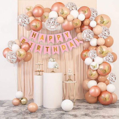 KHUSHDIN 69pcs Birthday Decor with Banner, Confetti, Butterflies & Peach, Pink Balloons