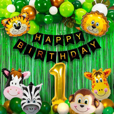 PARTY MIDLINKERZ 1st Birthday Jungle Birthday Decorations Kit for Kids-5 animal Faces,40 balloons(Set of 61)