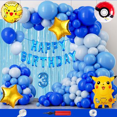 Crazykart Pikachu Theme Third 3rd Birthday Decoration Kit For Boys Party Decoration Items(Set of 112)