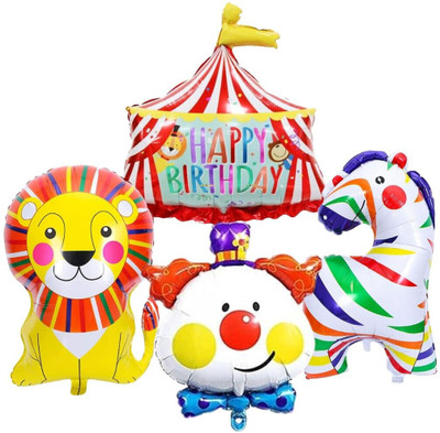 FLICK IN Printed 4 Pcs Circus Theme Birthday Decoration Joker Zebra Lion Foil Balloon Carnival Balloon(Multicolor, Pack of 4)