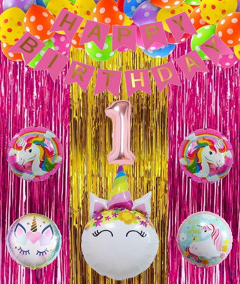 Kapoor stores No 1 Gold Balloons with unicorn Theme for Birthday Decoration Items Kit Set(Set of 55)