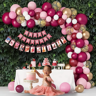 Fun and Flex 64 Pcs Burgundy Pink Balloons 1st birthday decoration with monthly Photo banner(Set of 64)