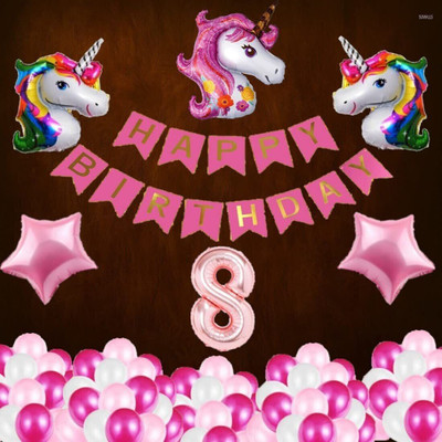 PARTY MIDLINKERZ Number 8 Rose Gold Balloons with Unicorn Theme Birthday Decoration Kit Items Set(Set of 50)