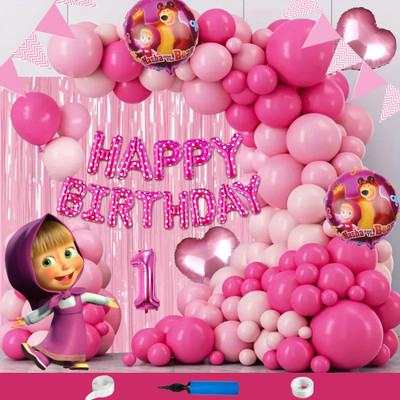 Crazykart Masha Theme First 1st Happy Birthday Decoration Kit For Girls Party Decoration(Set of 112)