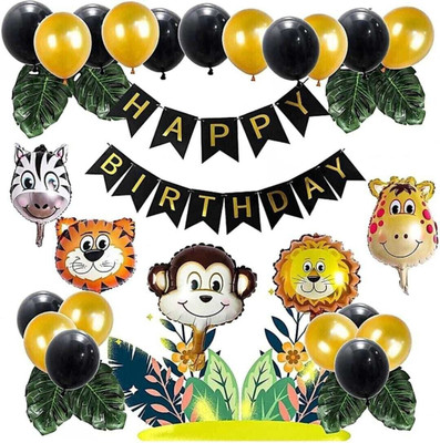 Tejal Trader Forest/Jungle theme 5 Animal Faces Black and Gold Birthday Decoration Kit -41pcs(Set of 41)