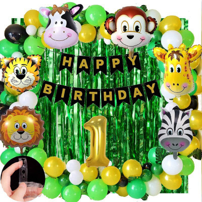 ZAMBOOREE Jungle Theme Birthday Decoration 1st / 1 Year Birthday Decoration animal kit(Set of 63)