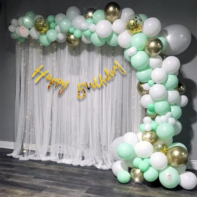 PARTY MIDLINKERZ Tent Birthday Decoration Set – Pastel Balloons, Gold Banner White Net Led Light(Set of 59)