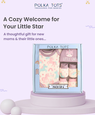 POLKA TOTS Premium 6-Piece New-Born Baby Gift Set – Cotton | Unisex | Gift-Ready-Lavender(Set of 6)