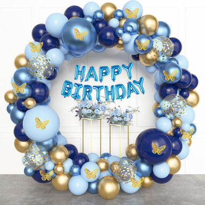 ANILOONS Blue and Gold Theme with Butterflies and Happy Birthday Banner(Set of 69)