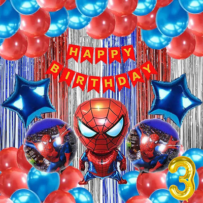 groovywings 3rd Spiderman Theme Birthday Decoration Items(Set of 52)