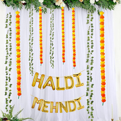 Fun and Flex Haldi Mehendi Decoration with Net Backdrop, Leaves and Marigold Garlands (Mix)(Set of 16)
