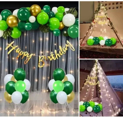 musbu Jungle theme, Leaves with White net Curtain and Led Light Birthday Combo -42pcs(Set of 42)