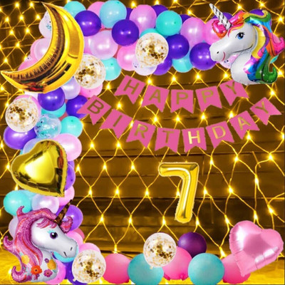 Prihit No 7 Gold Balloons with Unicorn Theme Birthday Decoration Items Set Kit Girls