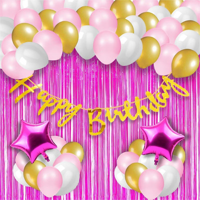 PARTY MIDLINKERZ Solid Happy Birthday Decoration Combo Kit ,Pink & gold white balloons For, Girl, Boys Balloon(Pink, Pack of 44)