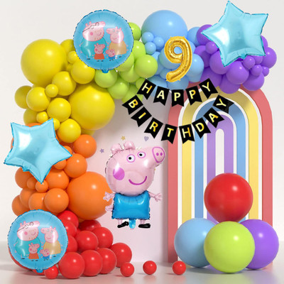 Aoes Peppa Pig 9th Birthday Decoration Kit Rainbow Balloon Arch & Foil Balloons Combo
