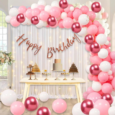 shimmers 66 Pcs Pink, White & Rose Gold Balloon Garland Arch with Happy Birthday Banner(Set of 66)