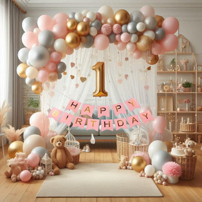 ARV 66 Pcs Birthday Decoration Items For Girl-Pink ,White and Silver Balloons(Set of 66)