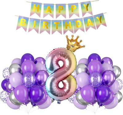 Crazykart Rainbow Shade 32 Inch Number Theme Eighth 8th Birthday Decoration Kit For Girl(Set of 48)