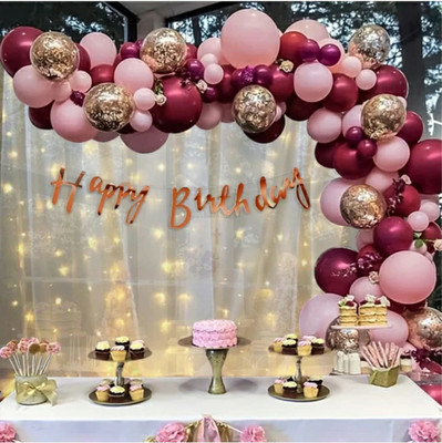 FLIPZONE Pink and Maroon HBD Decoration Kit with White net curtain & Light (Set of 69)(Set of 69)