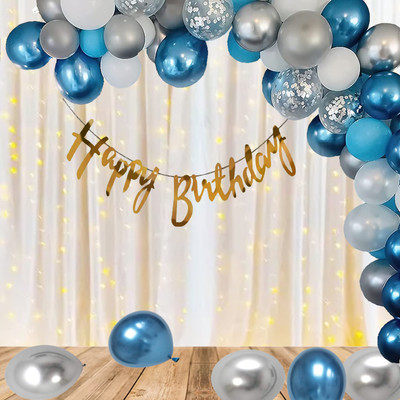 Zebra finch Blue White And Silver Birthday Decoration Kit Combo with Net Curtain and light.(Set of 38)