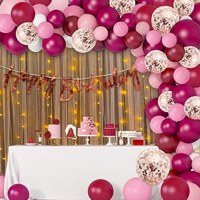 ARV Birthday Decoration Kit with Pink Burgundy Balloons & White net and Led Light(Set of 81)