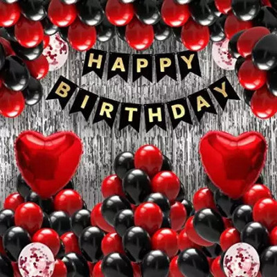 Prihit Red & Black Happy Birthday Party Decoration Item kit with Balloons, Confetti(Set of 33)