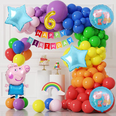 Aoes Peppa Pig 6th Birthday Decoration Kit Rainbow Balloon Arch & Foil Balloons Combo