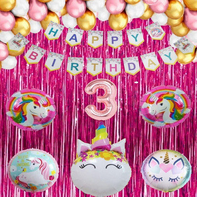 Prihit No 3 Rose Gold Balloons with Unicorn Theme Birthday Decoration Kit Item Set