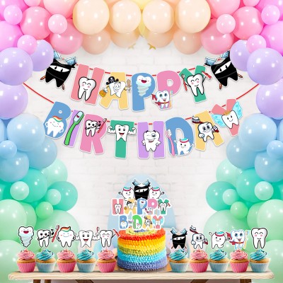 ZYOZI Tooth Theme Birthday Decoration Set With Banner,Balloons,Cake Topper(Pack Of 37)