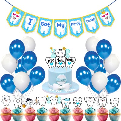ZYOZI 1st Tooth Decorations Combo - Banner,Balloons,CupCake & Cake Topper (Pack Of 37)