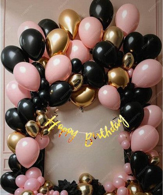 DECOR SPARKS 53pcs Happy Birthday Decoration | Banner | Black, Pink Pastel & Golden Chrome