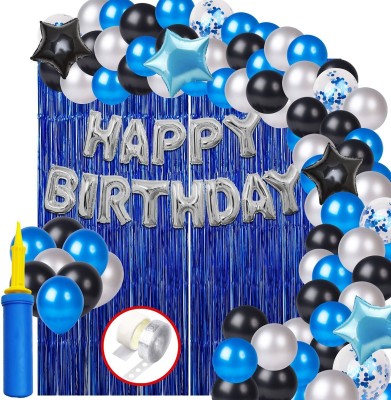 Probang 60Pcs Bday, Star Foil Balloon, Blue Black Metallic balloons, Foil Curtain, Pump(Set of 1)