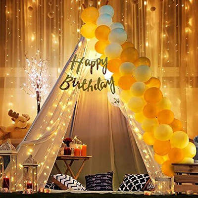 ARV Yellow and White Birthday Decoration Combo Kit With White net and Led Light(Set of 26)