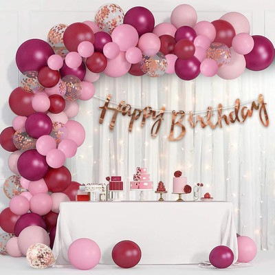 PARTY MIDLINKERZ Pink and Maroon Birthday Decoration Kit with White net curtain & Fairy Light(Set of 69)