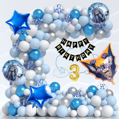 Aoes Batman Theme 3rd Birthday Decoration Kit Blue & Silver Balloon Garland for Kids(Set of 53)