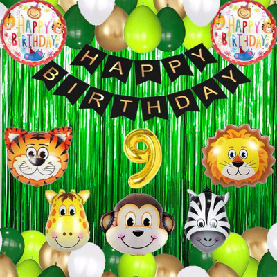 Kapoor stores No 9 Gold Balloons with Jungle Theme Birthday Decoration Kit Items Set for Kids(Set of 63)