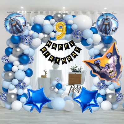 Aoes Batman Theme 9th Birthday Decoration Kit Blue & Silver Balloon Garland for Kids(Set of 53)