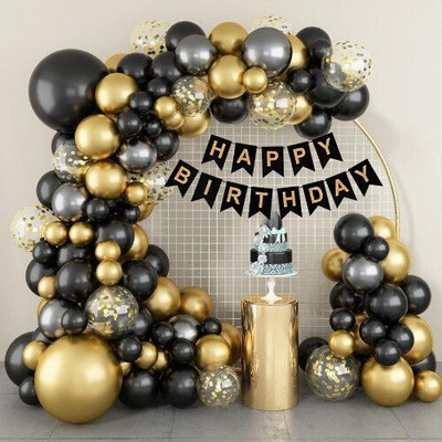 KHUSHDIN 59pcs Happy Birthday Decor Banner with Golden Confetti & Black, Silver Balloons