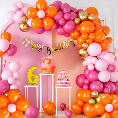 DECOR SPARKS 115pcs 6Year Birthday Flower Balloon & Banner Kit Pink Orange Gold(Set of 1)