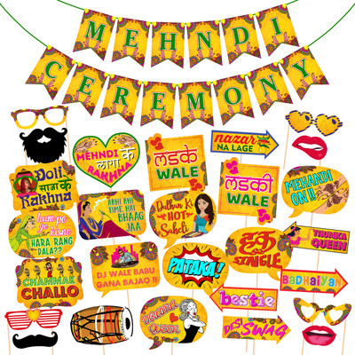 ZYOZI 27 Pcs Mehandi Props for Photoshoot & 1 Pcs Mehndi Ceremony Banner Mehndi Props(Set of 28)