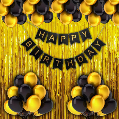 GAELICX Happy Birthday Decoration Kit Golden Black Birthday Decorations Of 64 (Set Of 34) MOQ 2 For Rs. 95 @ 93% off