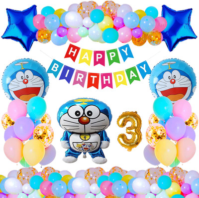 Crazykart 3rd Third Three Happy Birthday Doraemon Combo Kit For Party Decoration Item(Set of 37)