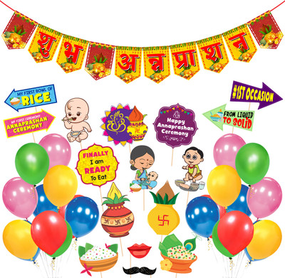 ZYOZI Shubh Annaprashan Banner with Annaprashan Photo Booth Props and pcs Balloon(Set of 37)