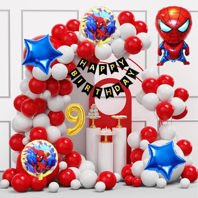 Aoes Spider-Man 9th Birthday Decoration Kit Combo Red-White Balloons Theme for Kids(Set of 59)