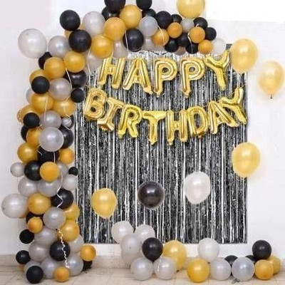 PARTY MIDLINKERZ Birthday Letter with Fringe Foil Curtain & HD Metallic Balloons Decoration Kit(Set of 65)